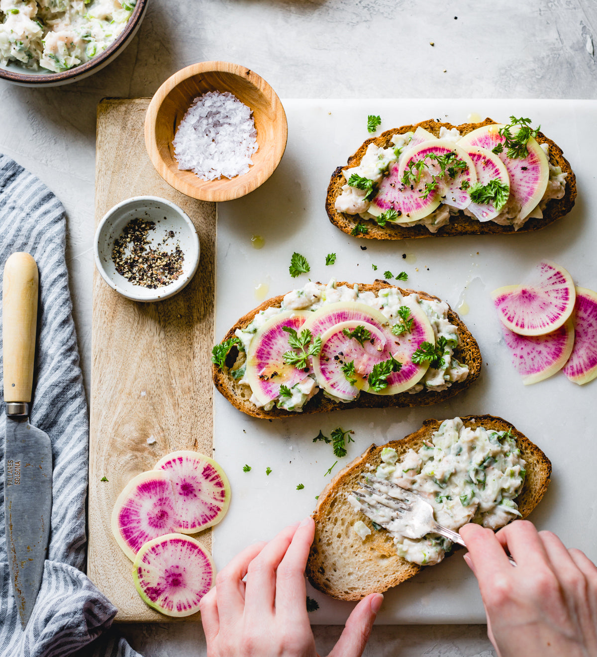 Smashed White Bean Salad Tartines With Herbs & Watermelon Radish