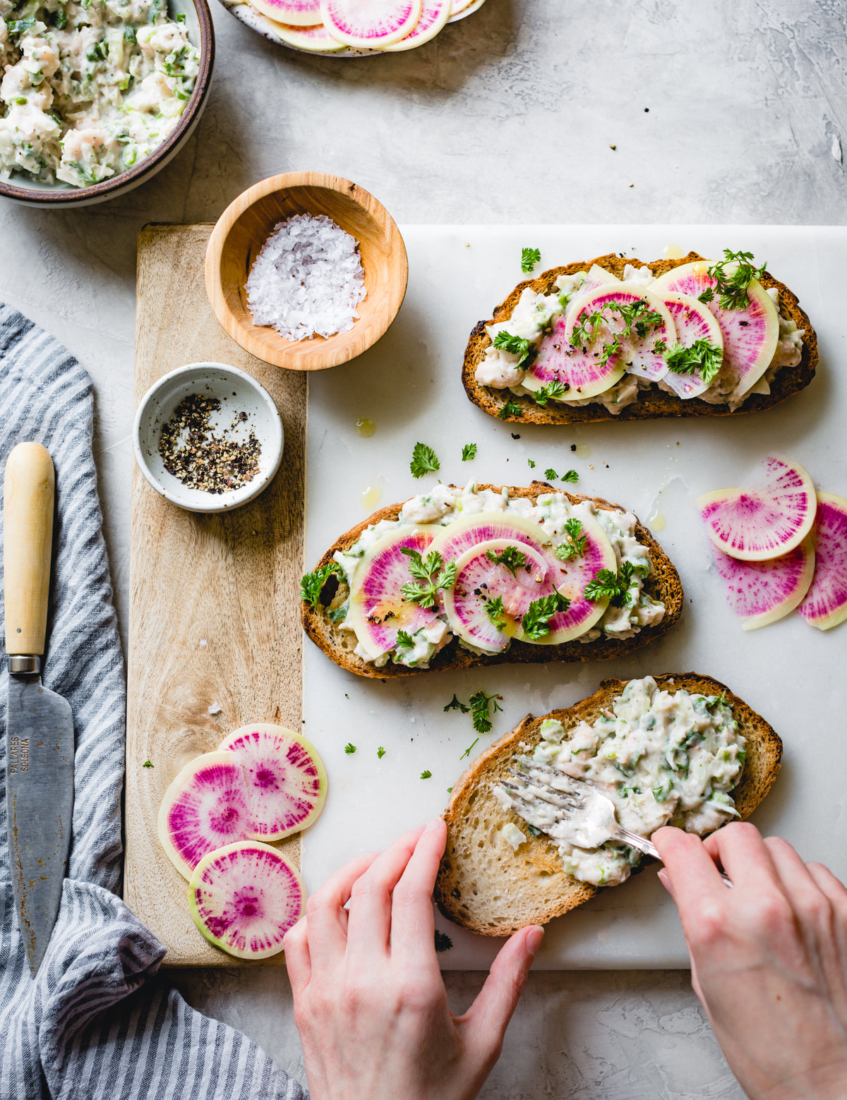 Smashed White Bean Salad Tartines With Herbs & Watermelon Radish