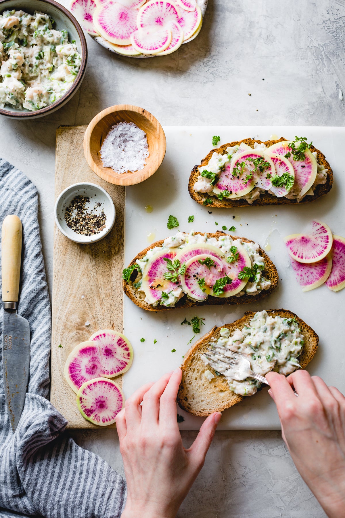 Smashed White Bean Salad Tartines With Herbs & Watermelon Radish